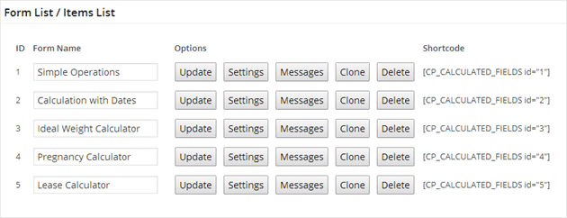 Calculated Fields Form List