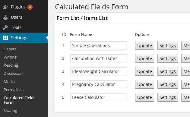 Calculated Fields Form Menu