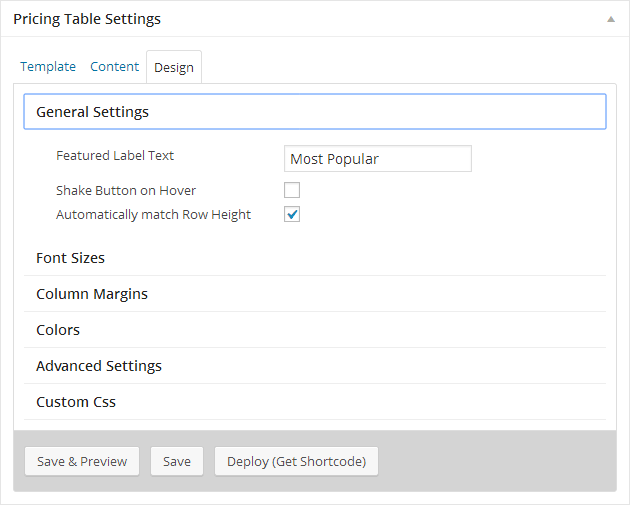 Easy Pricing Tables Settings