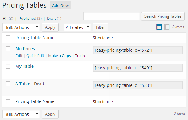 Easy Pricing Tables View All Tables