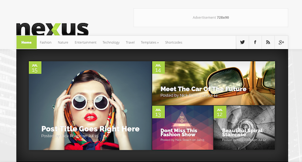 The Nexus Theme from Elegant Themes features prominent social media icons in the main navigation bar.