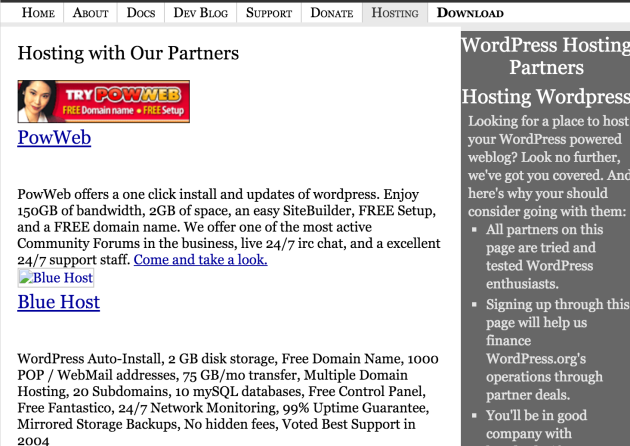 The WordPress.org Recommended Hosting page back in 2005.