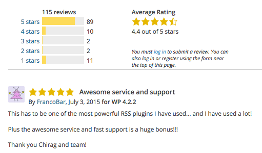 A screenshot of WP RSS Aggregator's ratings and reviews on the WordPress plugin repository