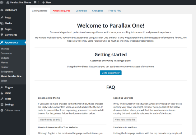 Parallax One Theme Welcome Screen