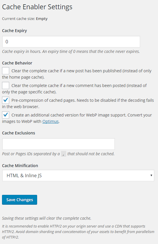 wordpress cache enabler settings