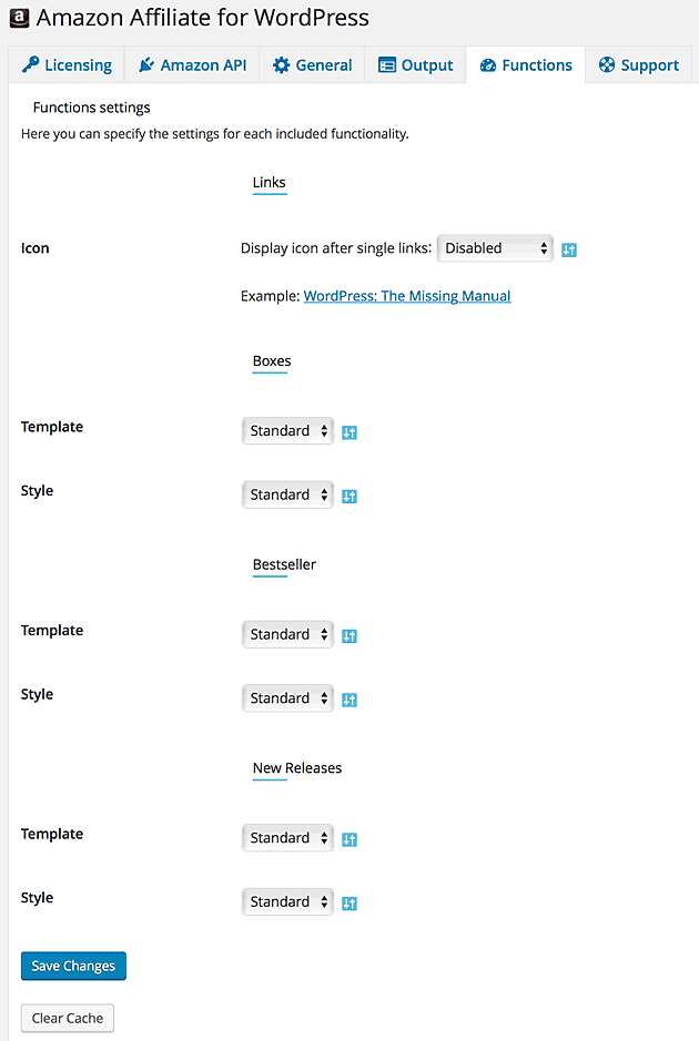 Amazon Affiliate for WordPress Functions tab