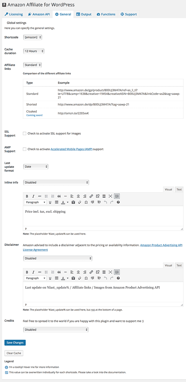 Amazon Affiliate for WordPress General tab
