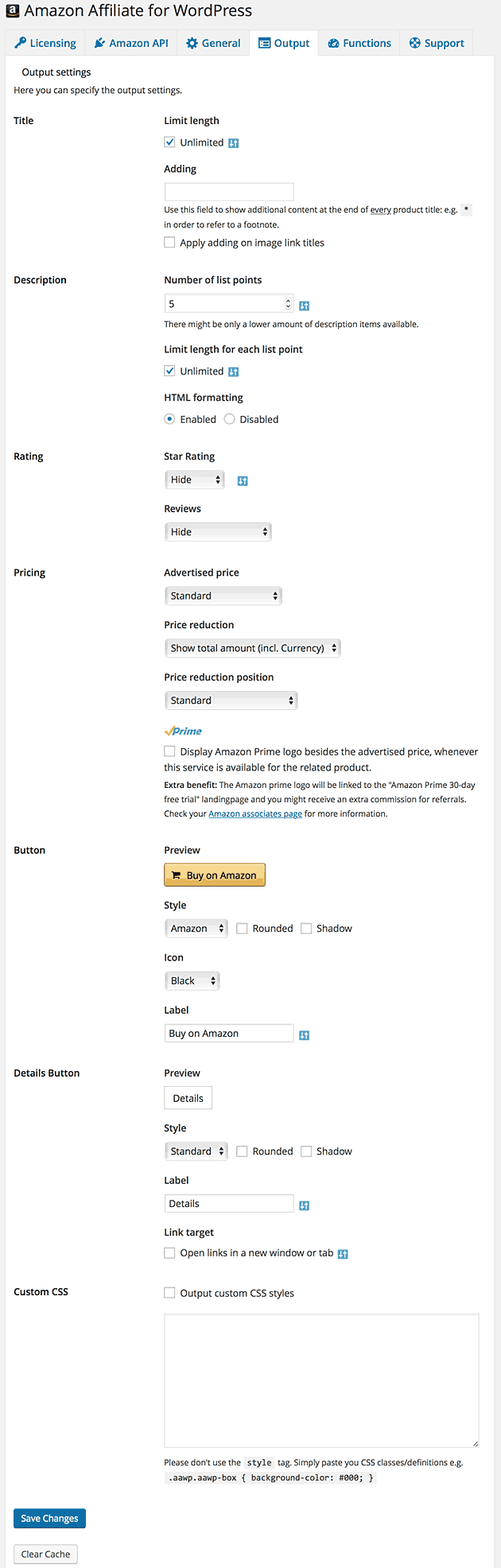 Amazon Affiliate for WordPress Output tab