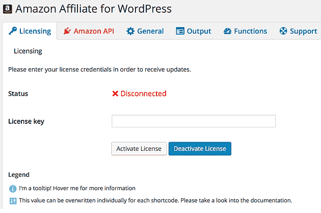 Amazon Affiliate for WordPress plugin setup tabs