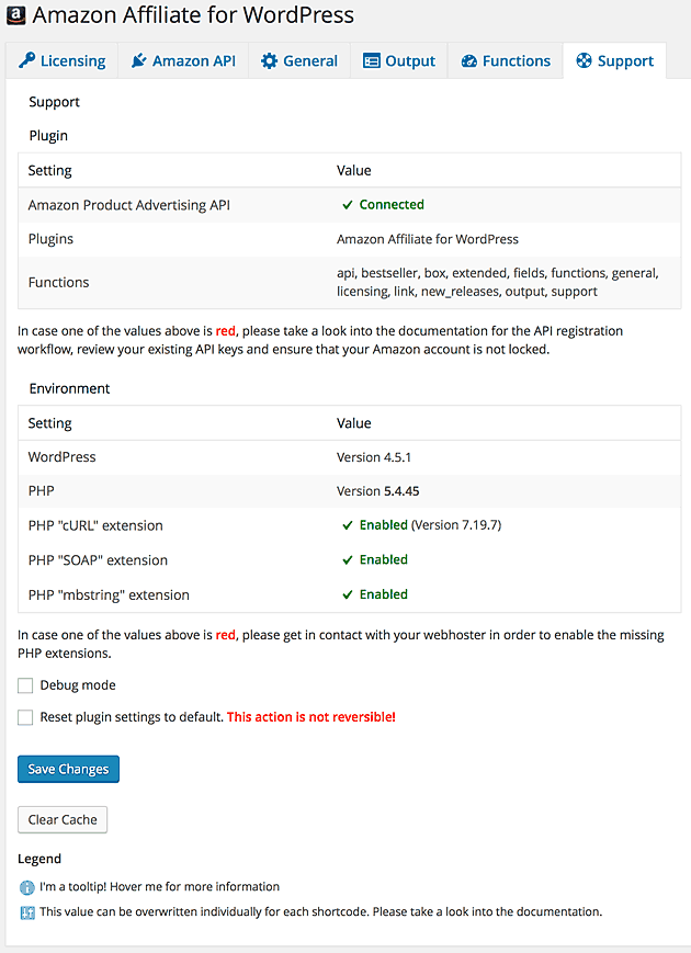 Amazon Affiliate for WordPress Support tab
