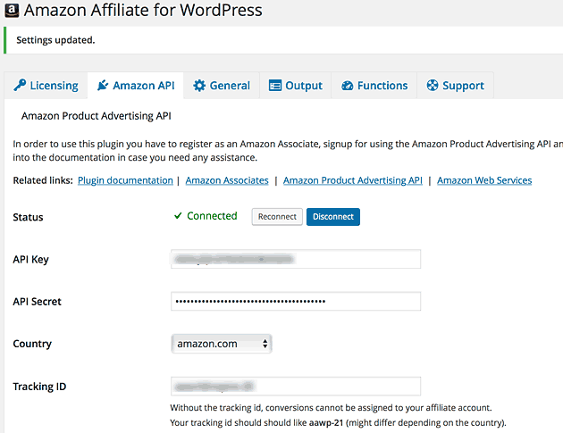 Amazon Affiliate for WordPress Amazon API tab