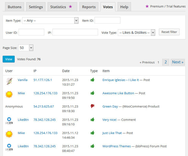 WordPress rating votes