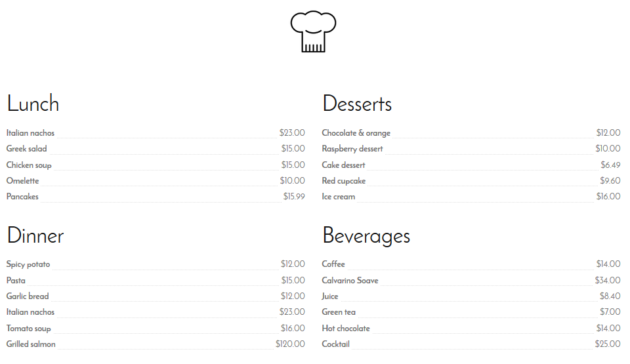 Simple List View of Menu Items