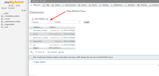 localhost phpMyAdmin create database