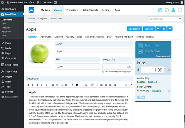 Ecwid product catalog with image description