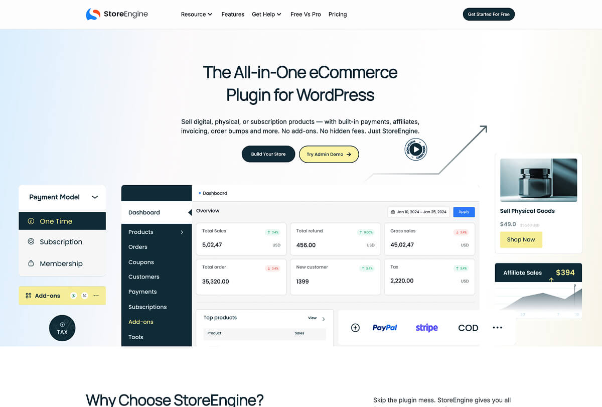StoreEngine website homepage.