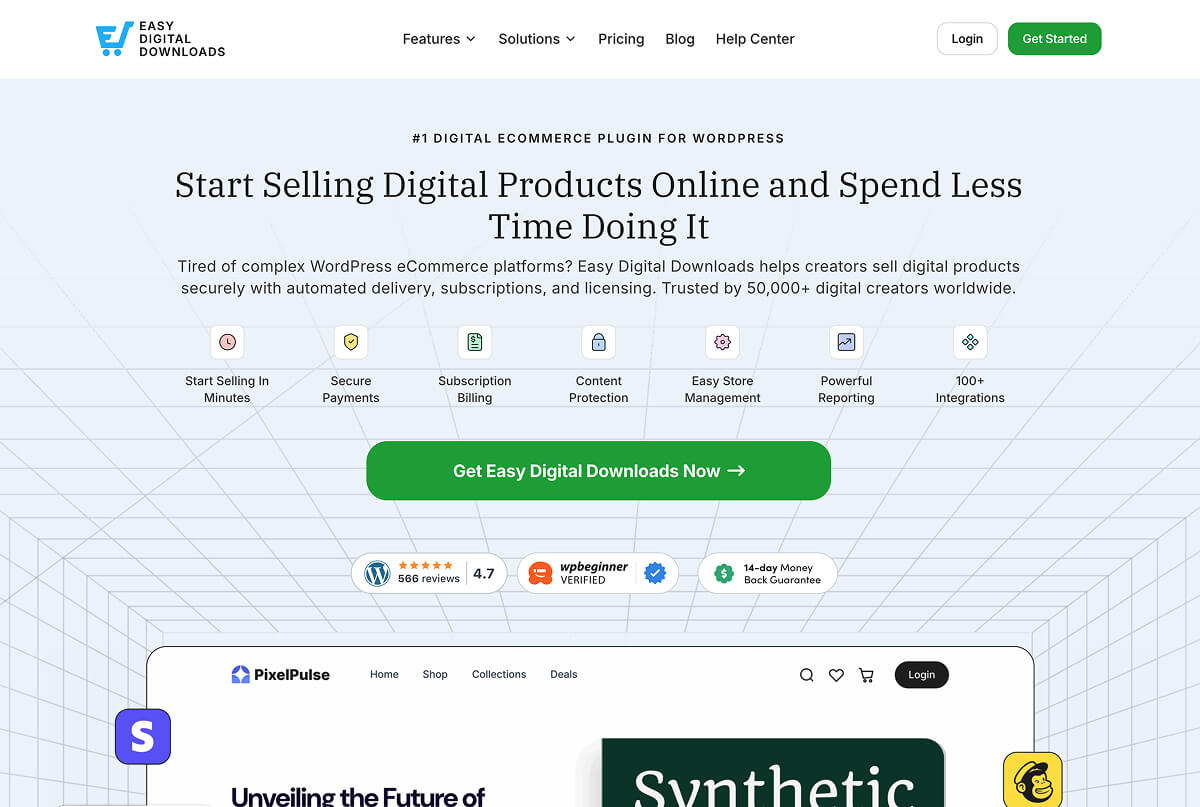 Easy Digital Downloads website homepage.