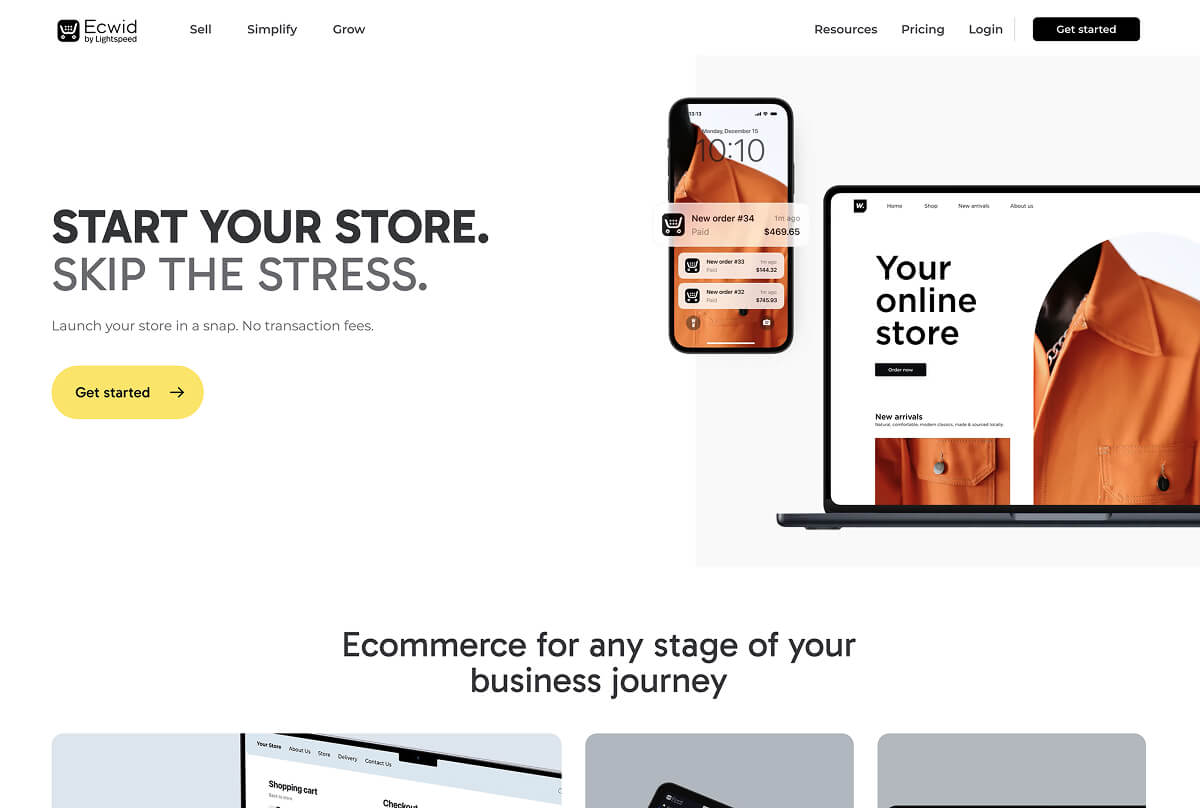 Ecwid website homepage.