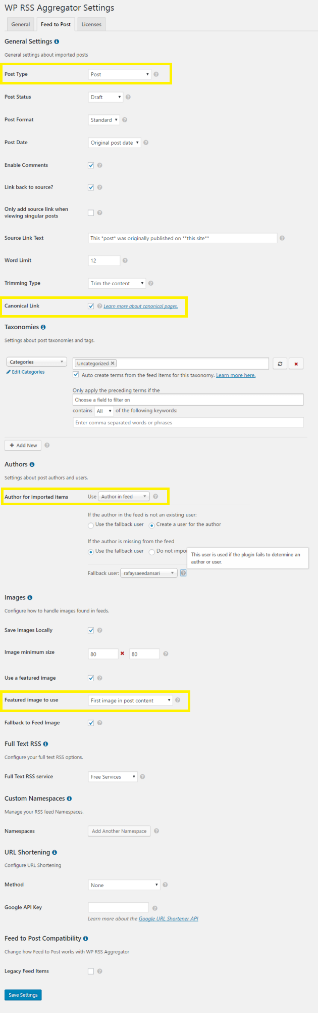 Feed to Post settings.