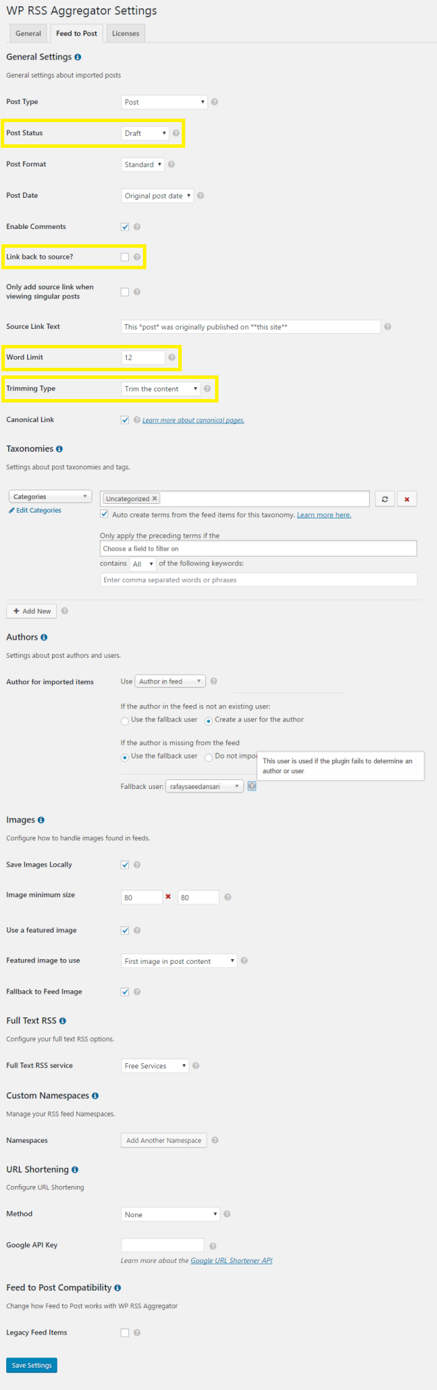 Settings screen.
