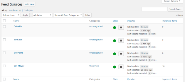 Feed Sources screen.
