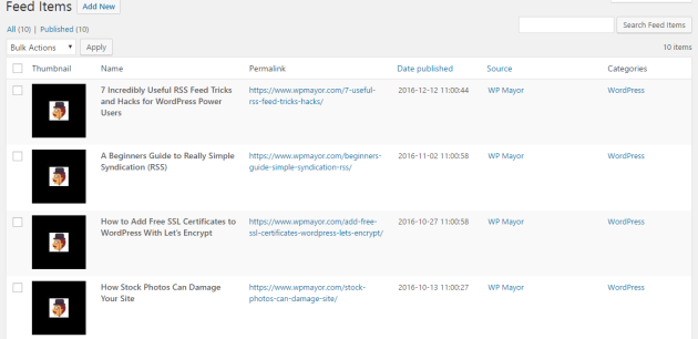 Feed Items preview.
