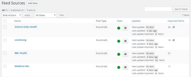 Feed sources screen.