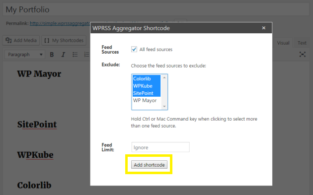 WP RSS Aggregator Shortcode.