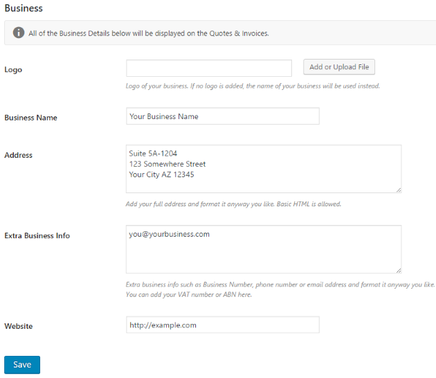 Sliced Invoices Business Settings