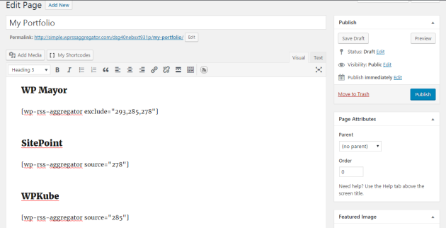 Portfolio page text editor.