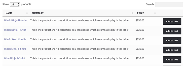 A WooCommerce Product Table example.