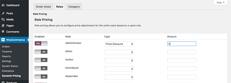 WooCommerce role pricing settings.