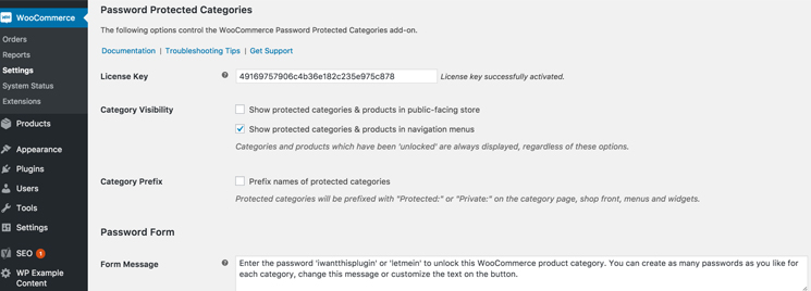 WooCommerce Password Protected Categories settings.