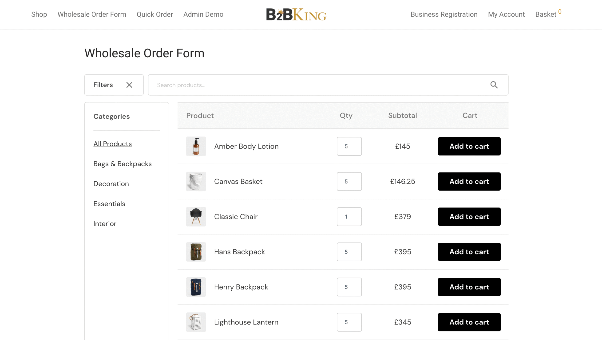 A wholesale order form powered by the B2BKing plugin.