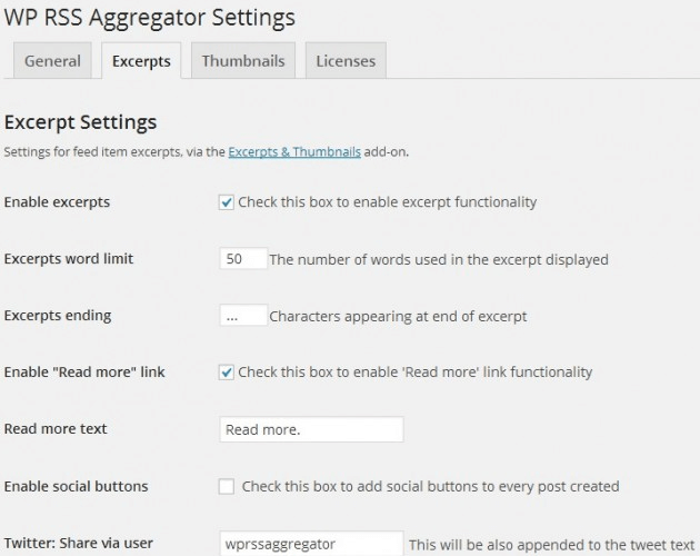 WP RSS Aggregator - Excerpts & Thumbnails, Excerpts Settings