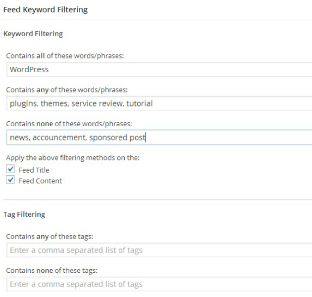WP RSS Aggregator - Keyword Filtering Settings