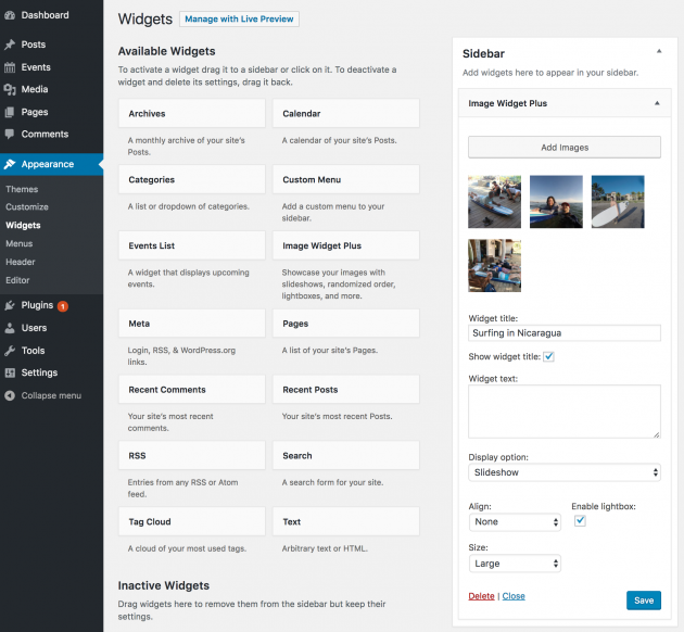 Screenshot showing display options for Image Widget Plus