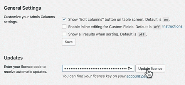 Admin Columns license activation