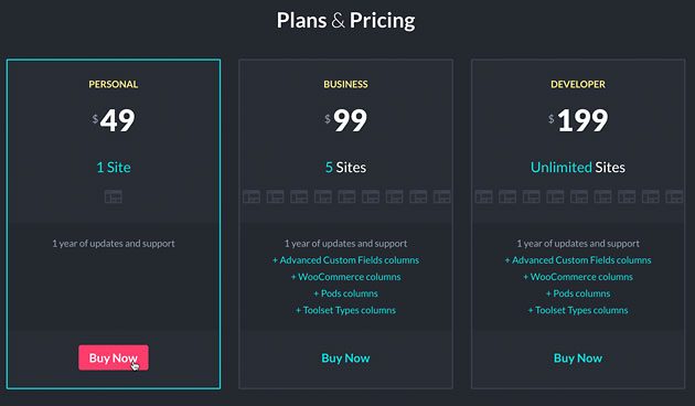 Admin Columns pricing