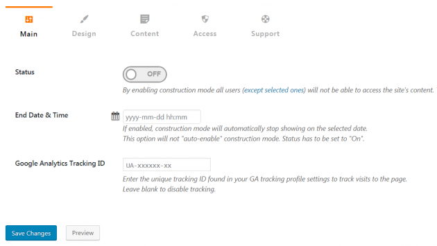 Under Construction Page settings page