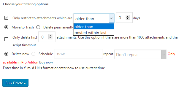 Bulk Delete - Bulk Delete Attachments Add-on - Filter Options