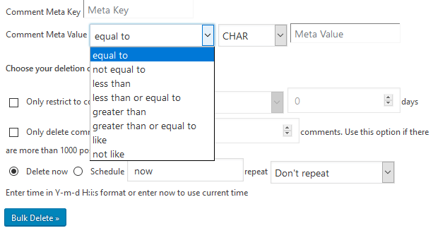 Bulk Delete - Bulk Delete Comment Meta Add-on - Values