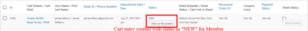WooCommerce Recover Abandoned Cart - Member Cart Created