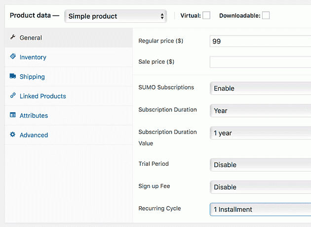 SUMO Subscriptions simple product