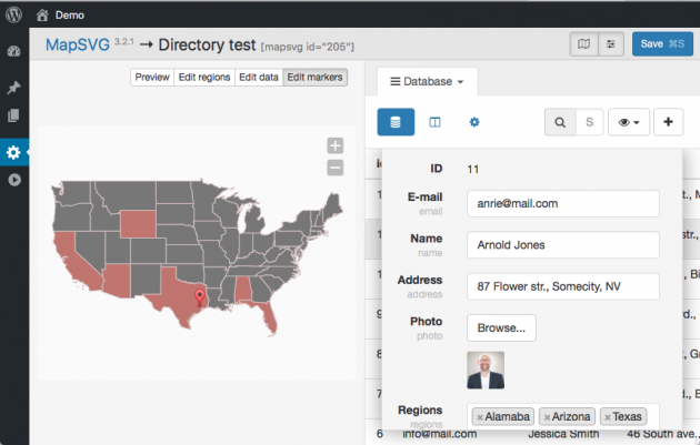 WordPress interactive map - database editor