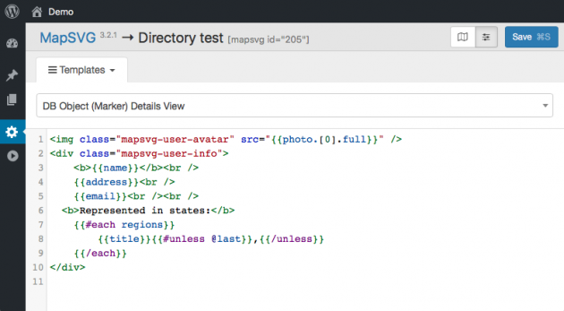 WordPress interactive map - templates editor