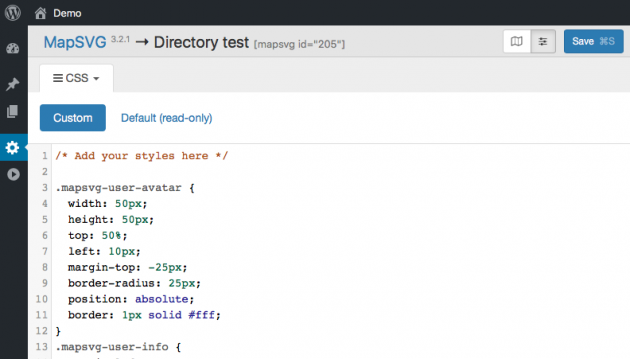 WordPress interactive map - CSS editor