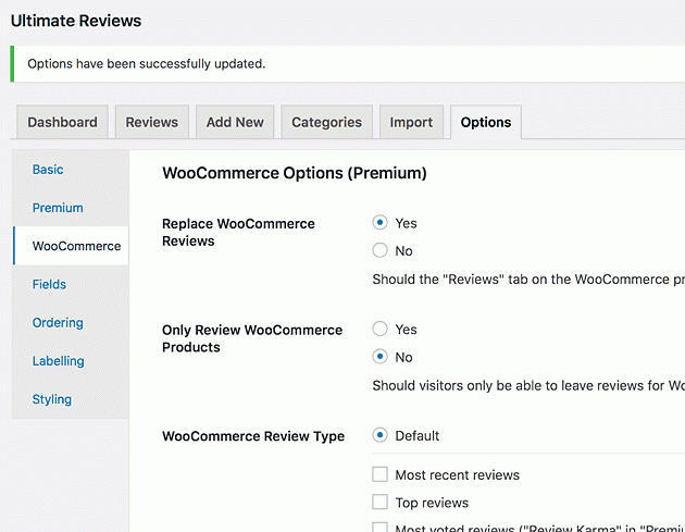 Ultimate Reviews WooCommerce options