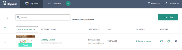 BlogVault - Dashboard - My Sites