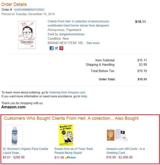 Amazon Thank You Page with Product Recommendations